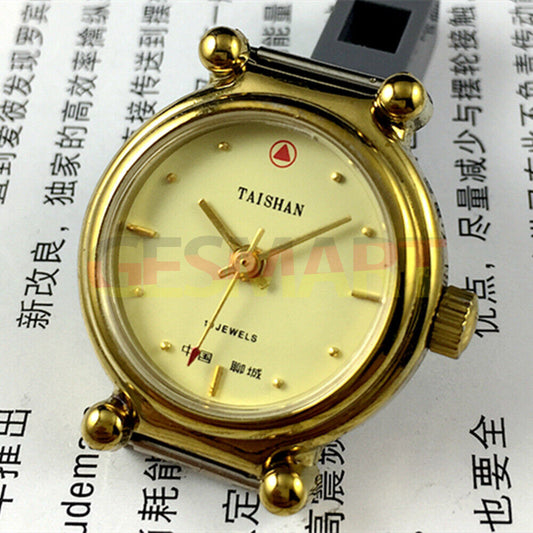TAISHAN 27mm manual mechanical lady watch with 19 jewels, golden case, and yellow dial for elegant style.