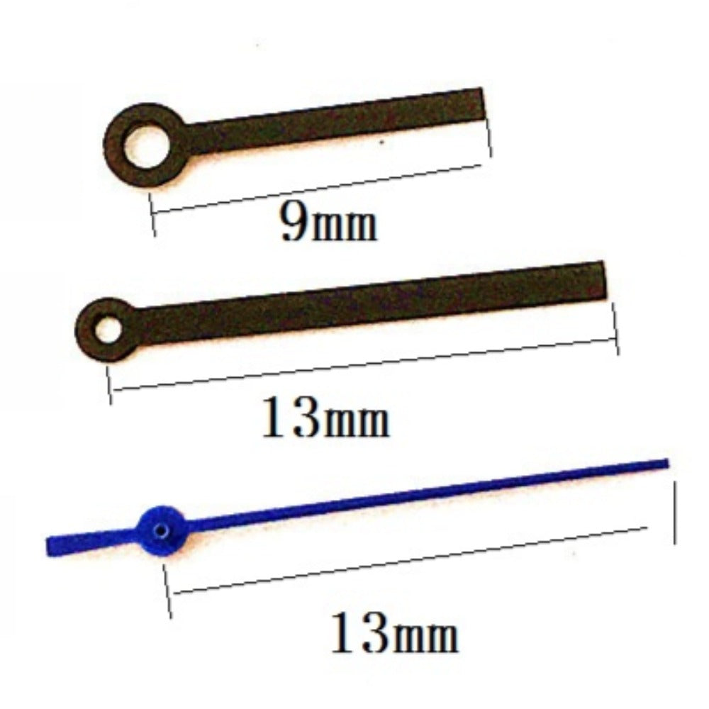 Black and blue second watch hands for Miyota 2035 quartz movement, 13x13x9mm precision parts.