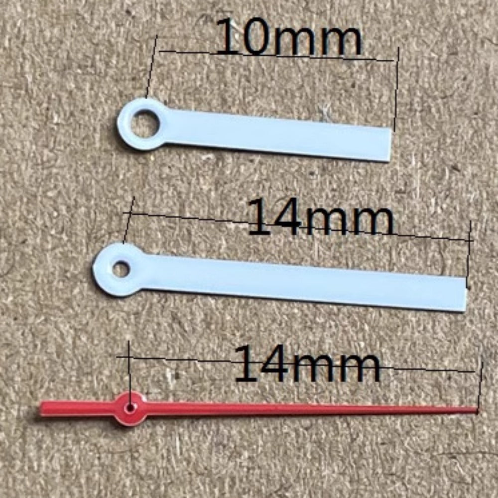 14mm white and red square pointed watch hands for Ronda 515 quartz, precise timing.