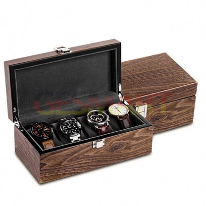Walnut wood watch box organizer with 4 slots for watches and jewelry, elegant storage.