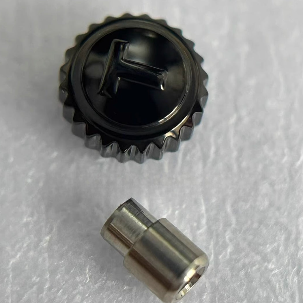 Steel black watch crown for Tissot T101417, durable replacement part for watch repair.