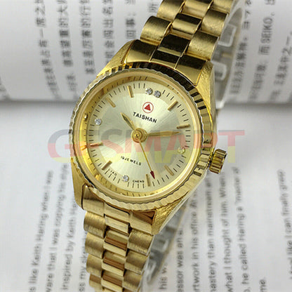 27mm China Made Lady Manual Mechanical Watch with 19 Jewels, golden dial, and nail markers.
