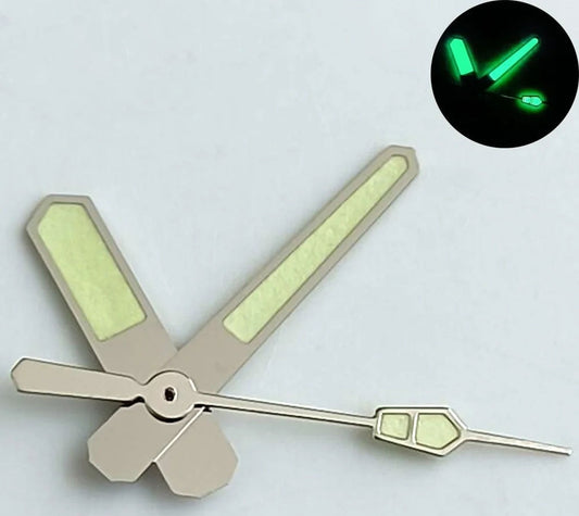 Green painted watch hands with green lume and silver trim, compatible with NH35, NH36, NH70, NH72 movements.