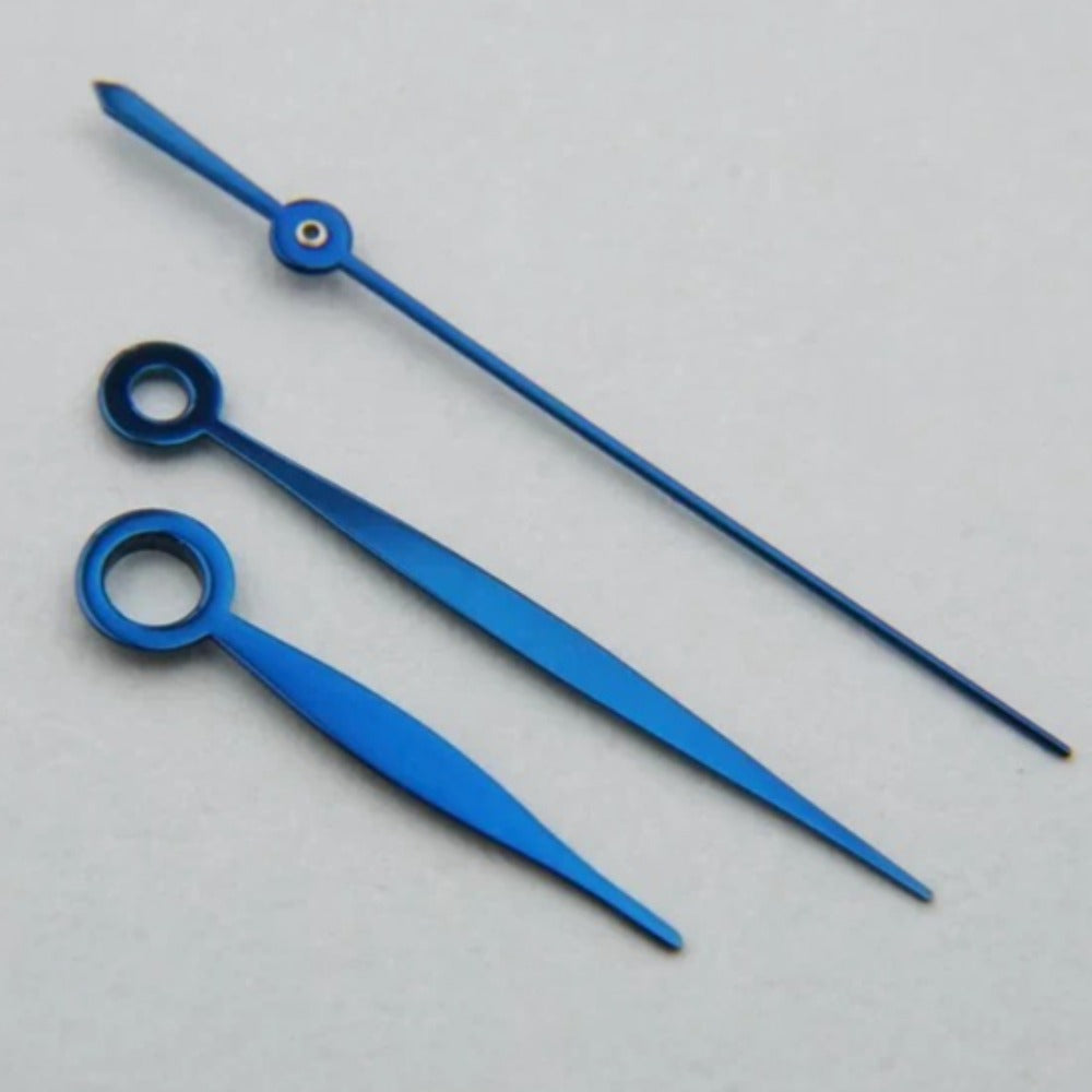 Blue painted watch hands set by ETA for 2892 and 2824 models, enhancing watch precision and style.