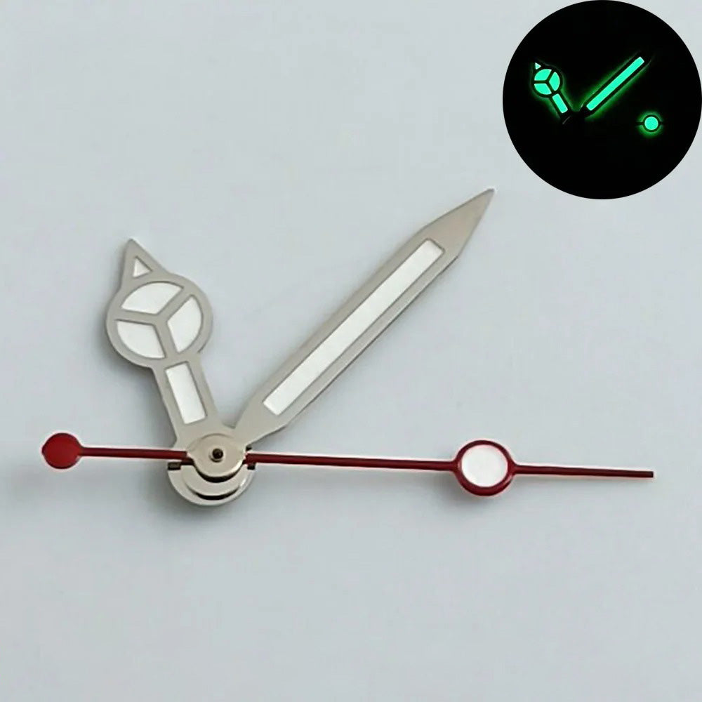 Blue-green luminous watch hands compatible with NH35, NH36, ETA 2836, 2824, Miyota 8205, 8215 movements.