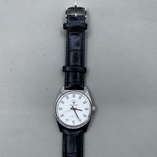 38mm DIAMOND Black Strap Manual Mechanical Watch 17 Jews White Dial Silver Case