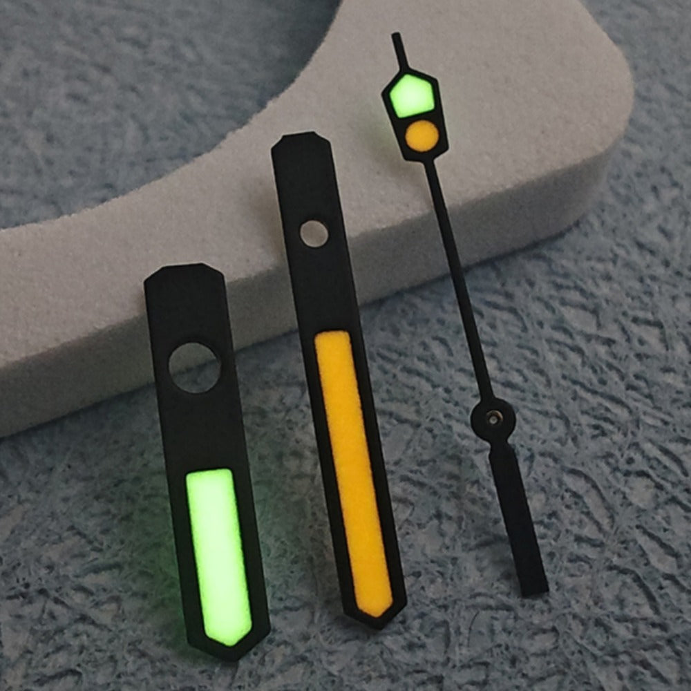 C3 Super Green and Orange lume watch hands for NH34, NH35, NH36, NH38, NH39, NH70, NH72 movements, glow bright.