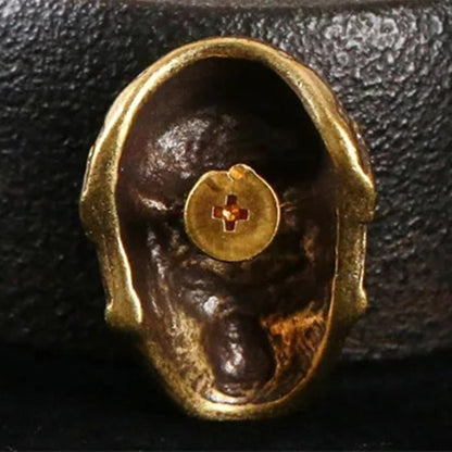 Hand-carved solid copper pilot's skull trinket, vintage bronze figurine for watch accessory collectors.