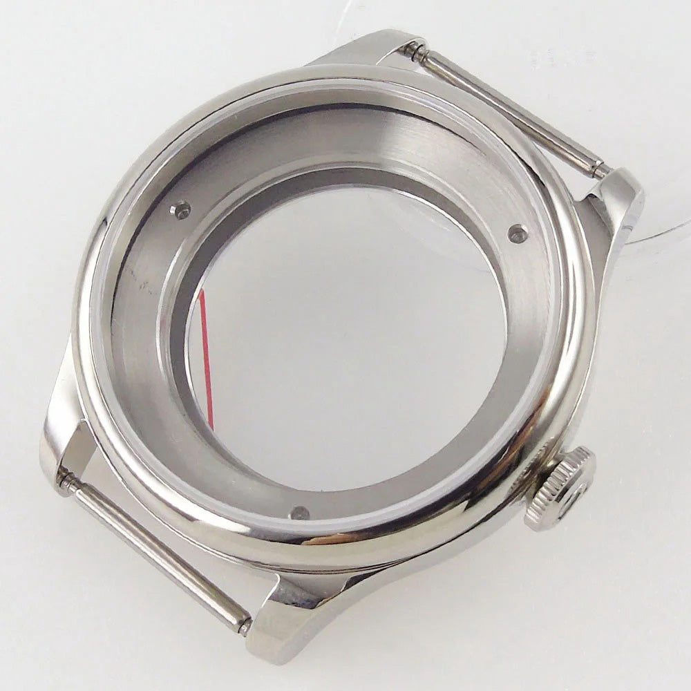 39mm watch case with sapphire crystal back for MIYOTA 8215 automatic movement, durable wristwatch part.