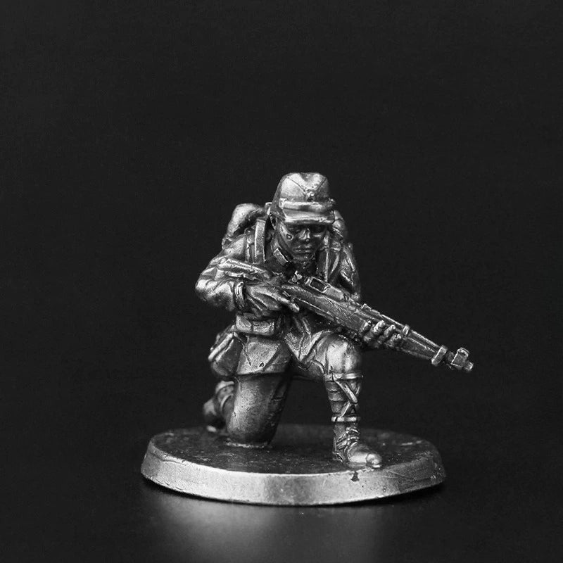 White Brass Figurine WWII Kneeling Rifleman Miniature - Field Cap Backpack Figure