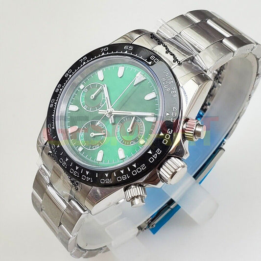 39mm stainless steel VK63 chronograph watch with green dial and scratch-resistant sapphire glass.