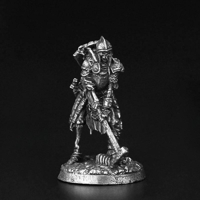 White Brass Figurine Undead Skeleton Warrior Miniature - Armored Leaning on Planted Sword