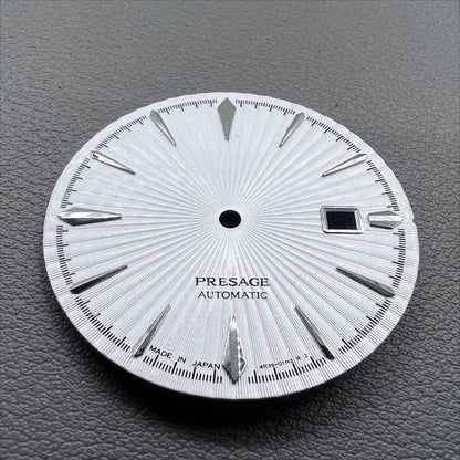 35mm silver watch dial with white cocktail markers, no lume, compatible with NH35 movement by Nail+White.