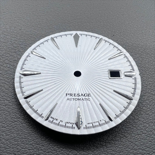 35mm silver watch dial with white cocktail markers, no lume, compatible with NH35 movement by Nail+White.