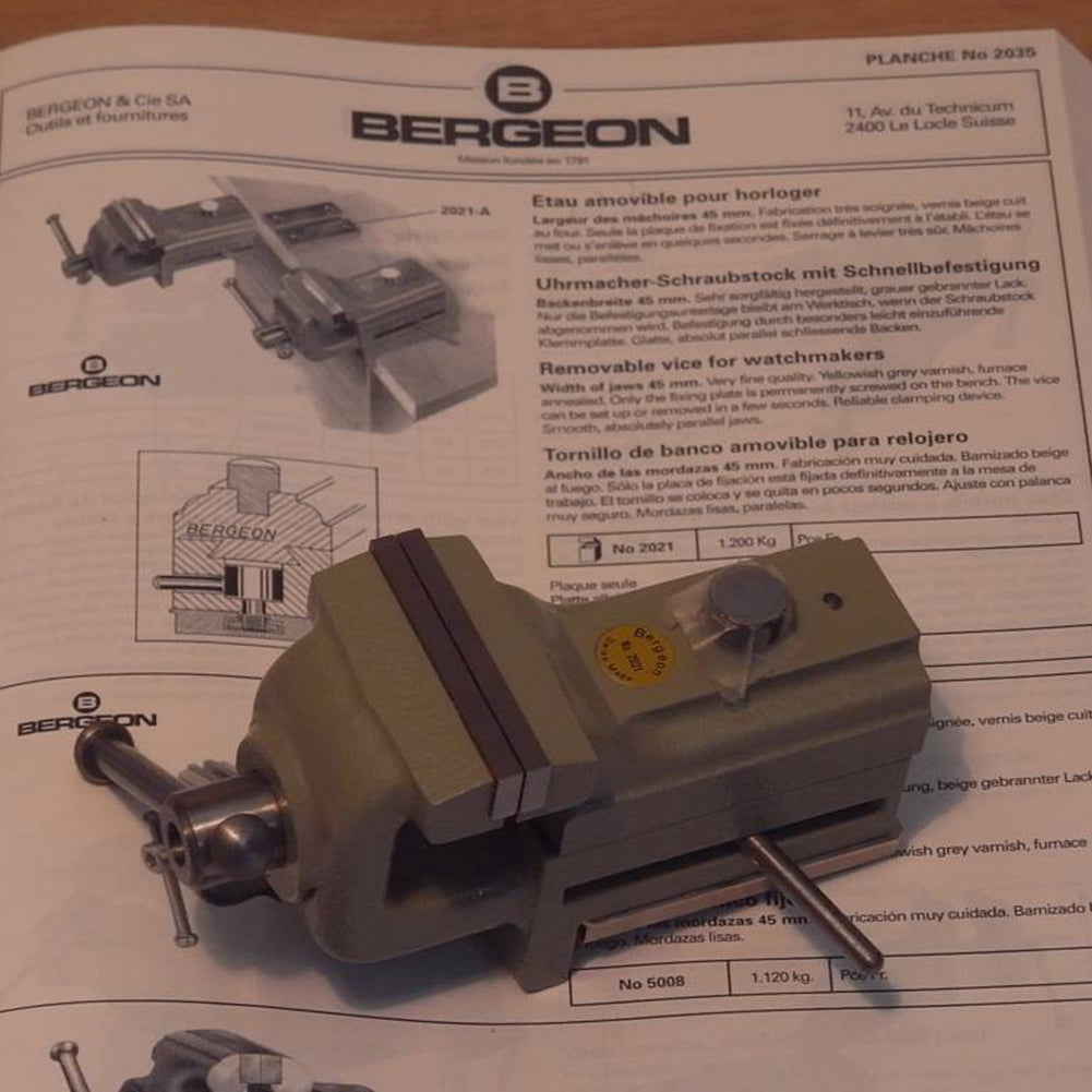 Bergeon 2021 watch vice with smooth parallel jaws for precise watch repair and adjustment tasks.