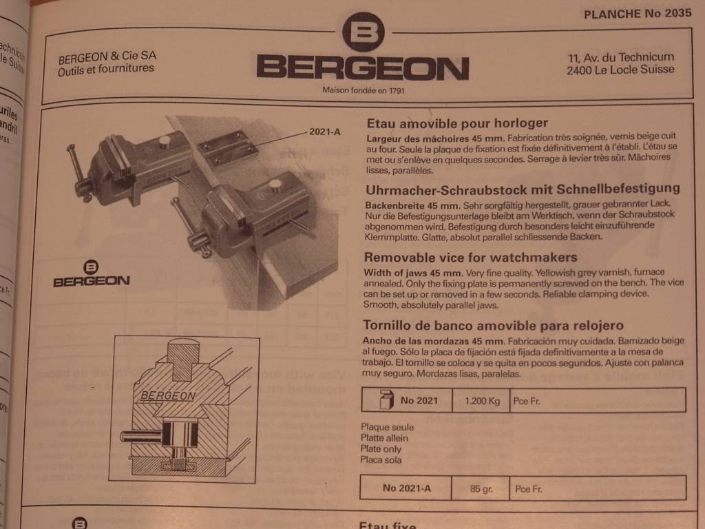 Bergeon 2021 watch vice with smooth parallel jaws for secure watch repair and adjustment.