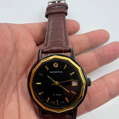 Shanghai 37mm manual mechanical watch with single calendar, black case, classic design by Shanghai for daily wear.