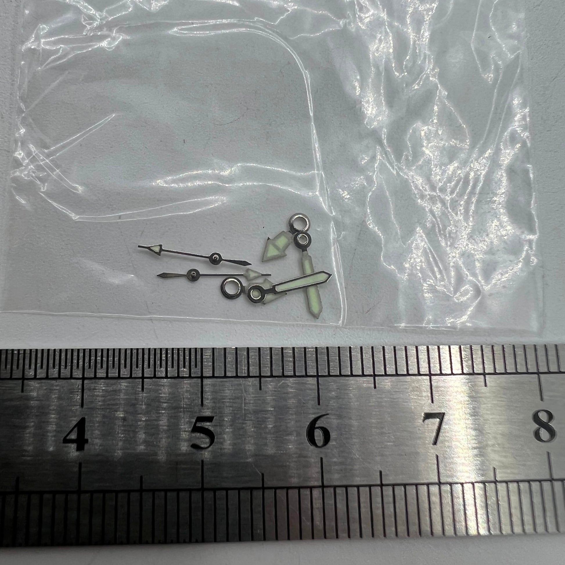 Luminous silver trim watch hands set for Miyota 2035 movement, sizes 12mm/10mm/7mm by #1523.