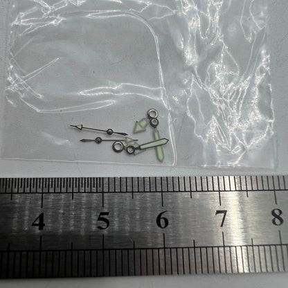 Luminous silver trim watch hands for Miyota 2035 movement, sizes 12mm, 10mm, and 7mm, model #1523.