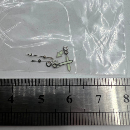 Luminous silver trim watch hands set (12mm/10mm/7mm) for Miyota 2035 movement by #1523, precise fit.