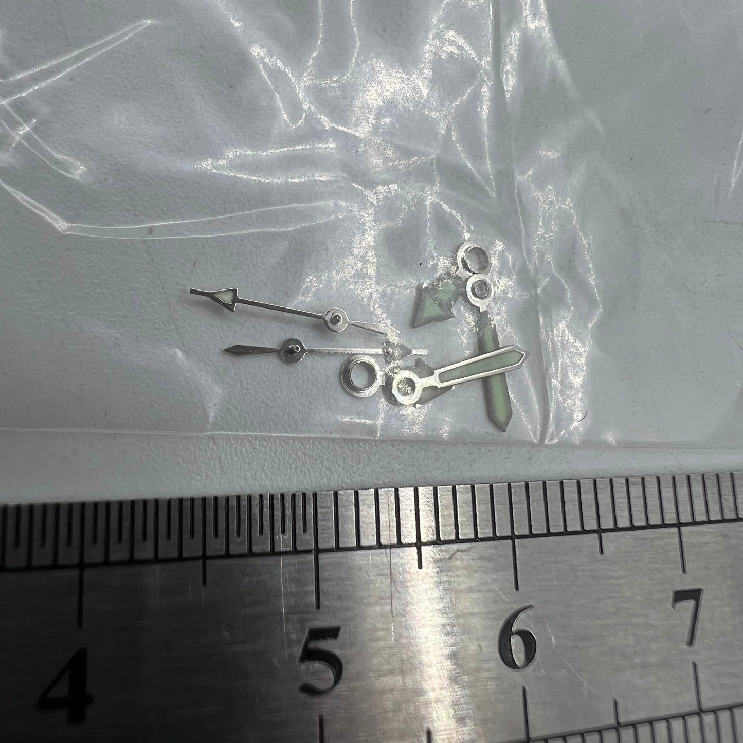 Luminous silver watch hands by model #1523 for Miyota 2035, available in 7mm, 10mm, and 12mm sizes.