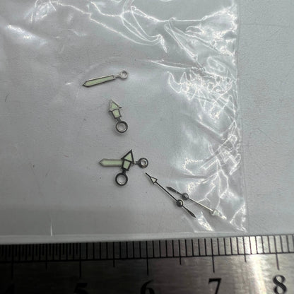 Luminous silver trim watch hands set by #1523 for Miyota 2035 movement, sizes 12mm, 10mm, and 7mm.
