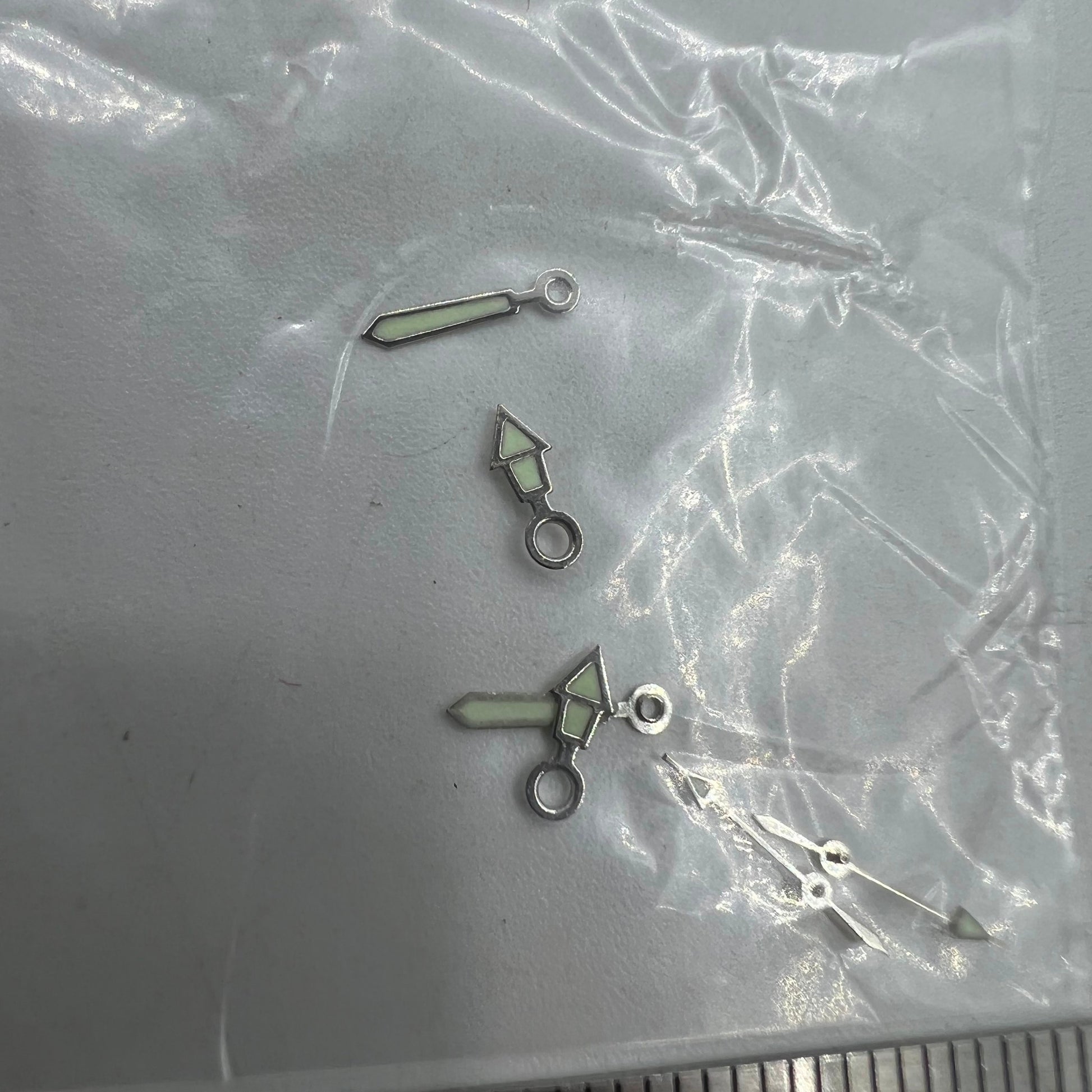Luminous silver watch hands for Miyota 2035, sizes 12mm, 10mm, 7mm, model 1523.