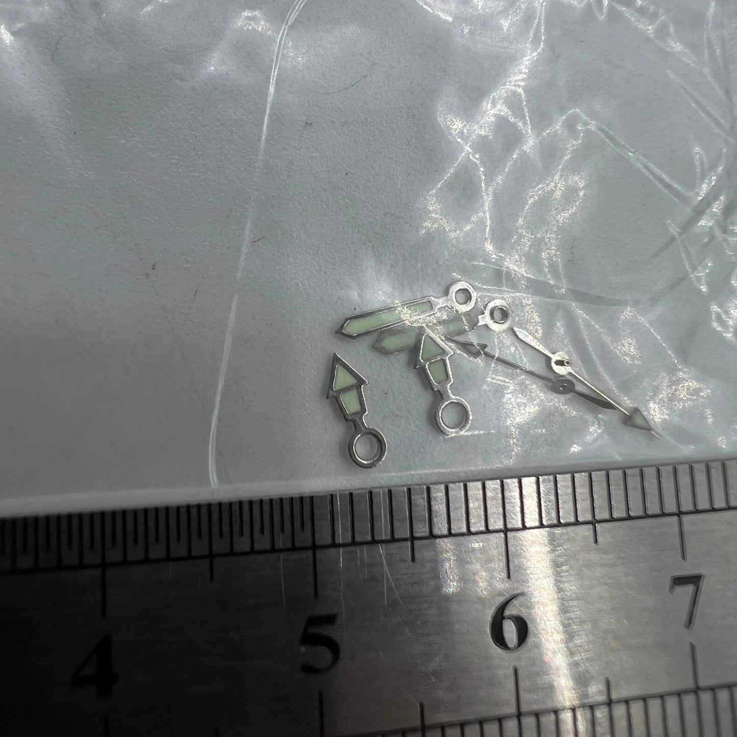 Luminous silver watch hands set by #1523 for Miyota 2035 movement, sizes 12mm, 10mm, and 7mm.