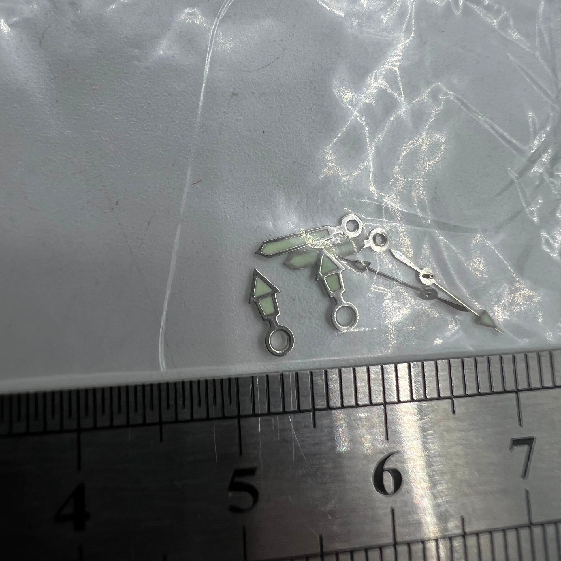 Luminous silver watch hands set by #1523 for Miyota 2035 movement, sizes 12mm, 10mm, and 7mm.