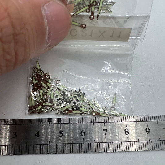 Set of 11mm silver watch hands with lume, compatible with Epson PC21 quartz movement, brand-quality parts.