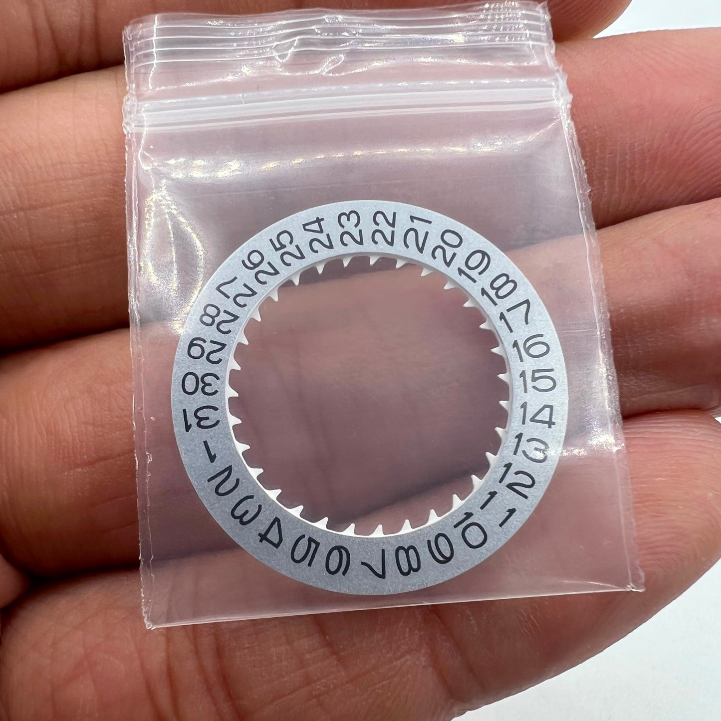 Vintage silver date disk wheel for NH36 NH35 watch movement, crown position 3.8, Timex accessory.