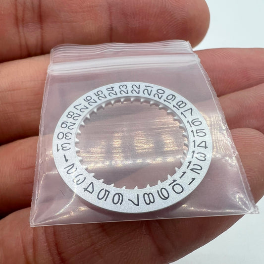 Vintage silver date disk wheel for NH36 NH35 watch movement, crown position 3.8, Timex accessory.