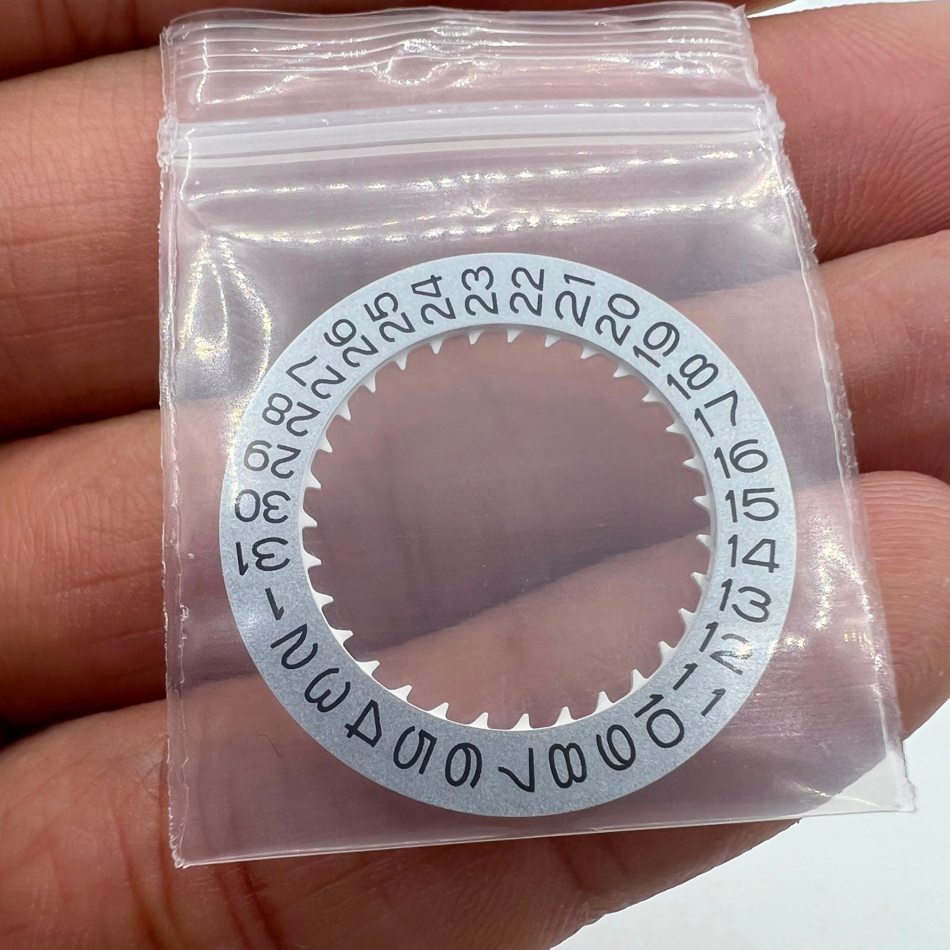 Vintage silver date disk wheel for Timex NH36 NH35 watch movement, crown position 3.8, precise replacement part.