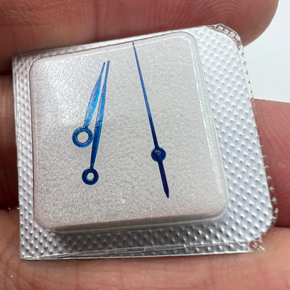 Blue plated watch hands for Epson VJ32 movement, 8x13x13mm, no lume, stylish and precise.