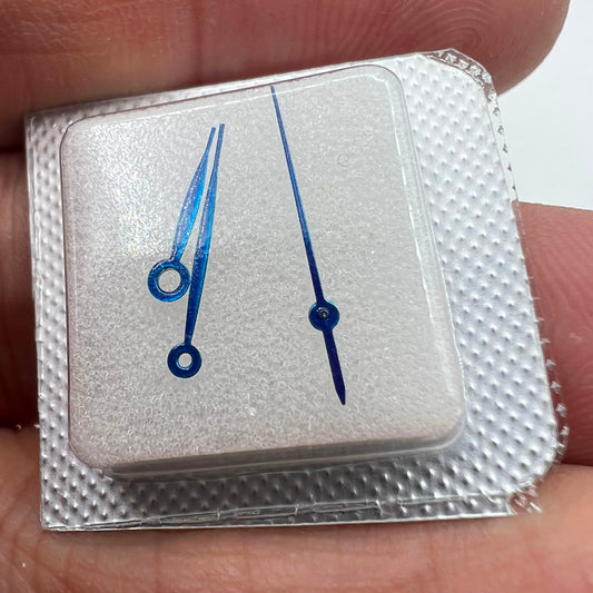 Blue plated watch hands for Epson VJ32 movement, 8x13x13mm, no lume, stylish and precise.