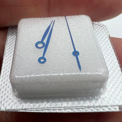 Blue plated Epson VJ32 watch hands, 8x13x13mm, stylish precision fit, no lume, ideal for repairs or custom builds.