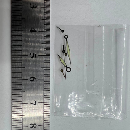 Silver-trimmed green luminous watch hands for Miyota OS60 movement, precise 15x13x9mm.