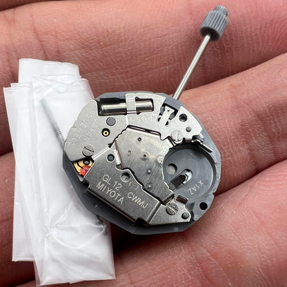 Miyota GL12 quartz watch movement with date display at 3 o'clock, Japan-made, 3-hand replacement for GL10 models.