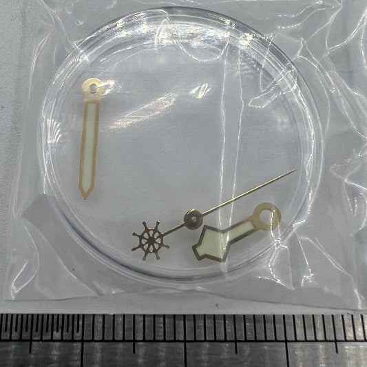 Green lume snowflake point watch hands with golden trim for Miyota NH35/36, 4R, 7S, NH38 movements.