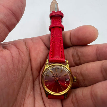Montre mécanique manuelle Seagull pour femme, dégradé de rouge, clou doré, calendrier simple
