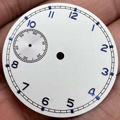 White 37mm pilot watch dial for ETA 6497 movement, no logo, BP08 model, ideal for custom timepieces.
