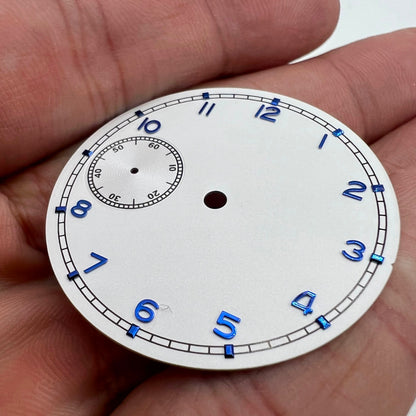 White 37mm pilot watch dial for ETA 6497 movement, no logo, BP08 model, ideal for custom timepieces.