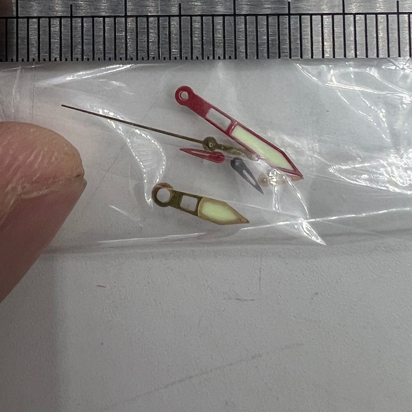 Red-trimmed green luminescent watch hands 19x14x9mm for Miyota OS10 movement.