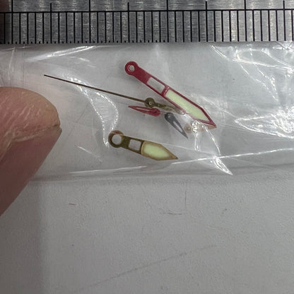 Red-trimmed green luminescent watch hands 19x14x9mm for Miyota OS10 movement.