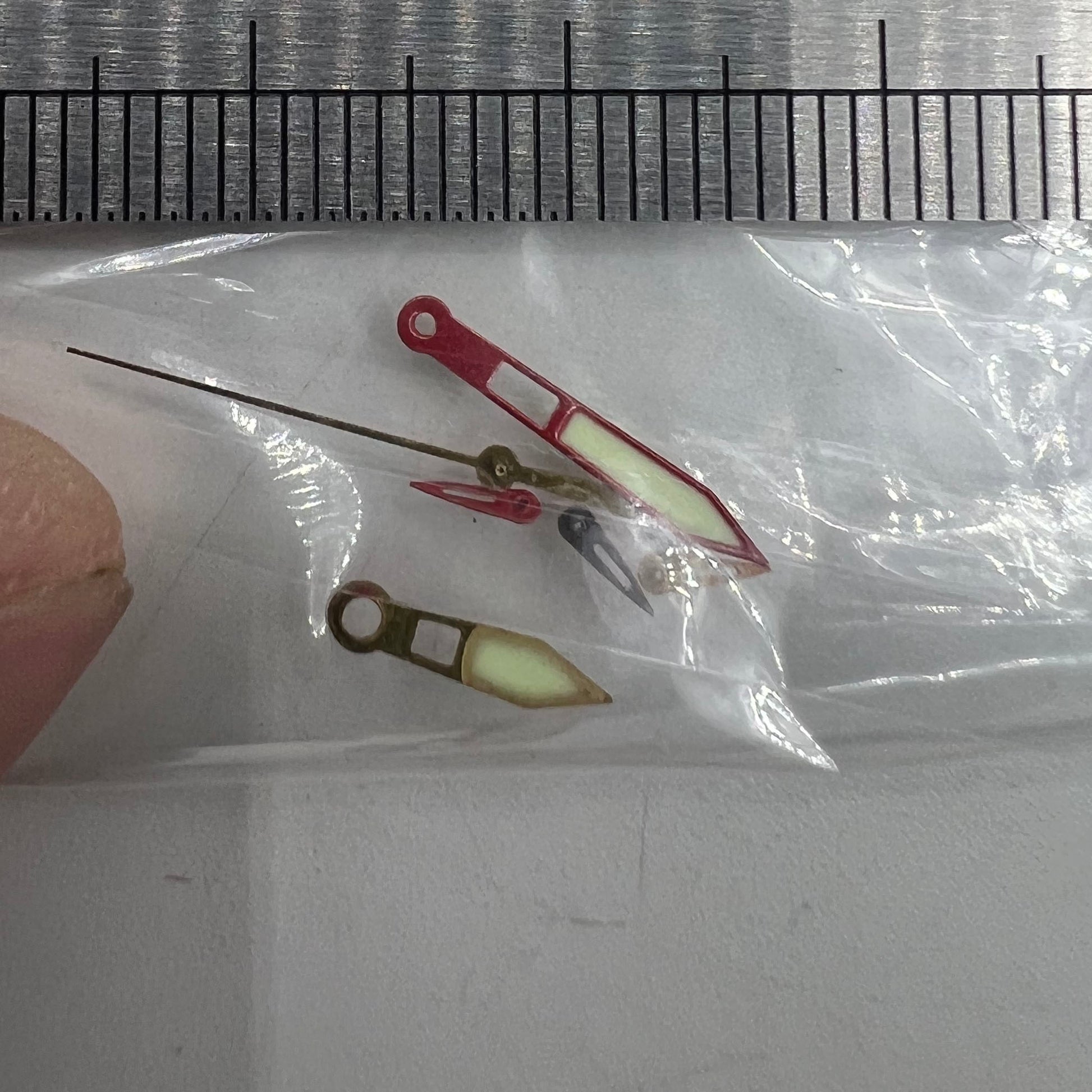 Red-trimmed green lume watch hands 19x14x9mm compatible with Miyota OS10 movement.