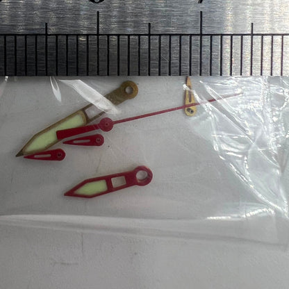 Red-trimmed green lume watch hands sized 19x14x9mm for Miyota OS10 0S10 movement.