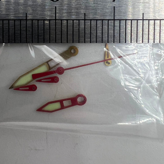 Red-trimmed green lume watch hands sized 19x14x9mm for Miyota OS10 0S10 movement.