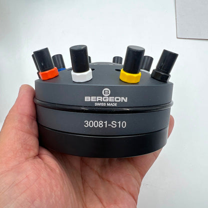 Bergeon 30081-S10 ergonomic watchmakers screwdrivers set with rotating stand for precise watch repair tasks.