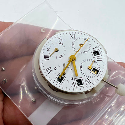 Automatic chronograph watch with Asian 7750 movement, black dial, and calendar at 4.5, seconds at 9 - branded.