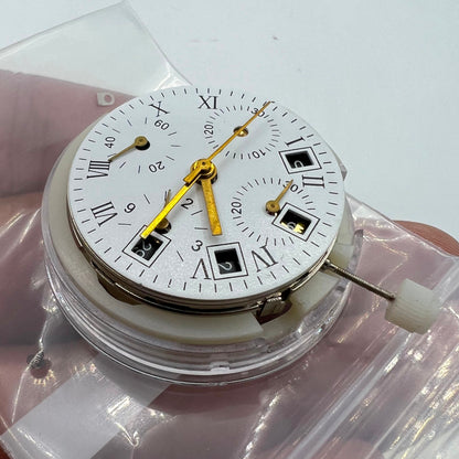 Branded automatic chronograph watch with Asian 7750 movement, black dial, calendar at 4:30, and seconds subdial at 9.